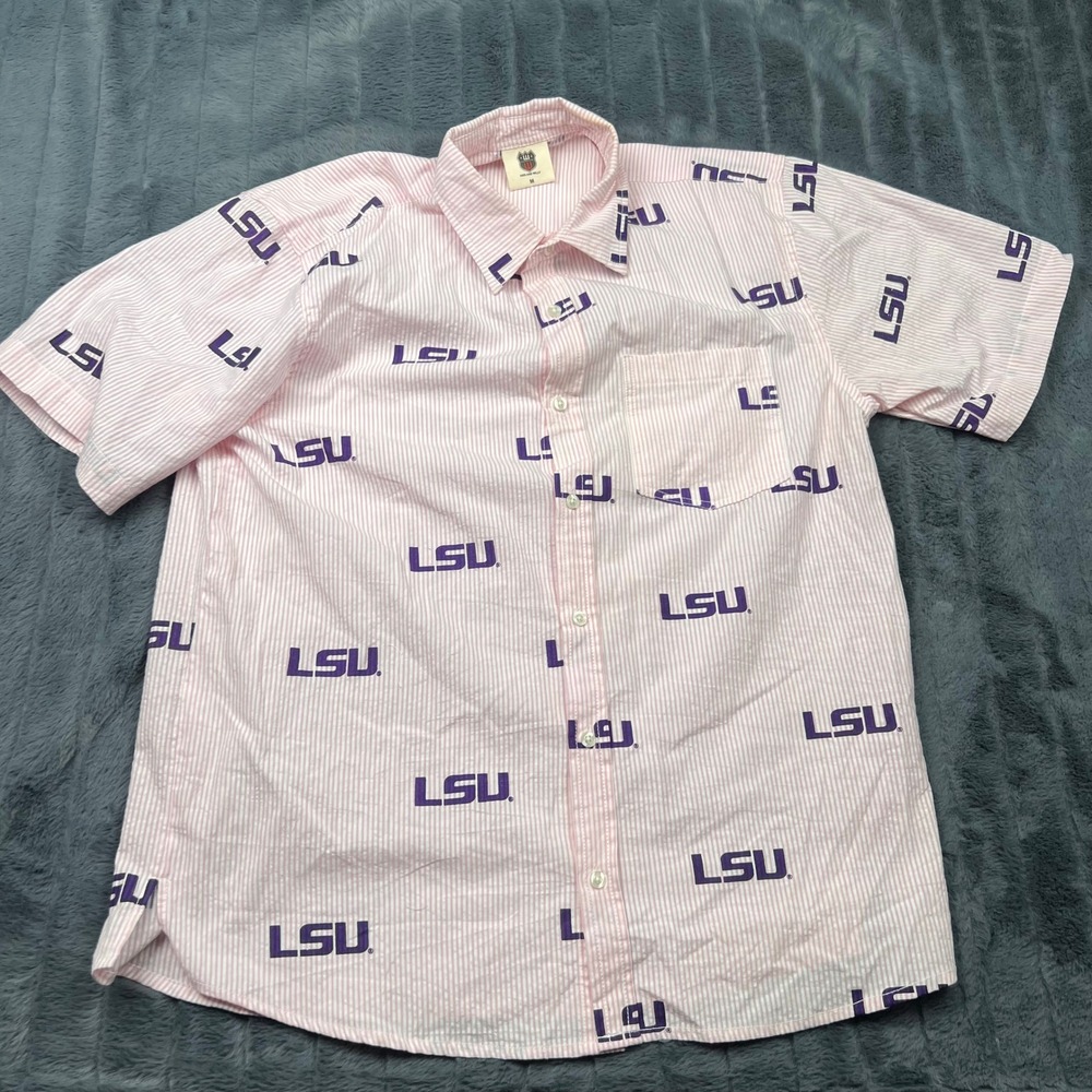 Wes and Willy LSU Tigers Seersucker Button Down Shirt Pink White Striped Mens M